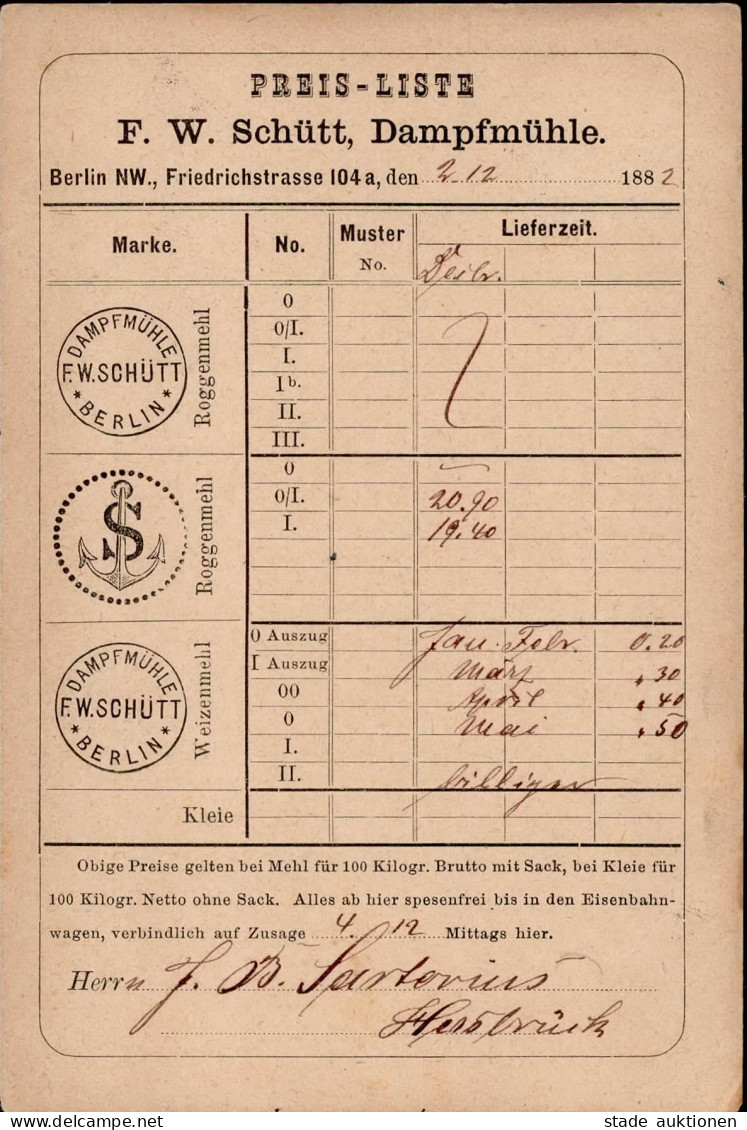 Vorläufer 1882 Berlin Preisliste Dampfmühle Schütt Friedrichstraße 104a 2.12.1882 Von Berlin Nach Hersbruck I-II - Autres & Non Classés