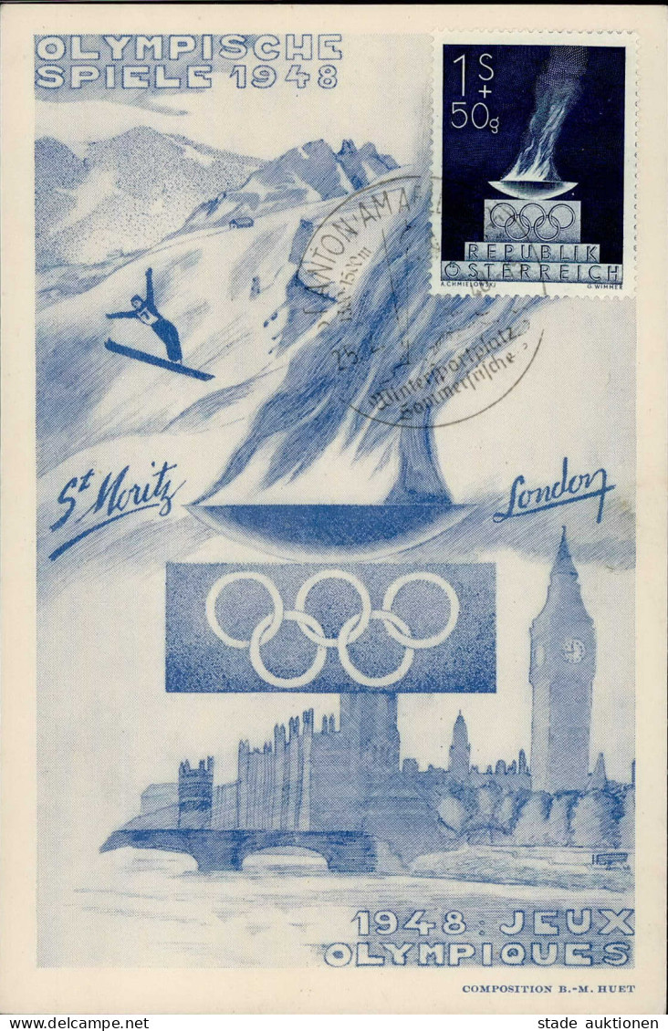 Olympiade Winterspiele St. Moritz 1948 Österreich Sonderstempel St. Anton Am Arlberg Schmuckkarte - Jeux Olympiques