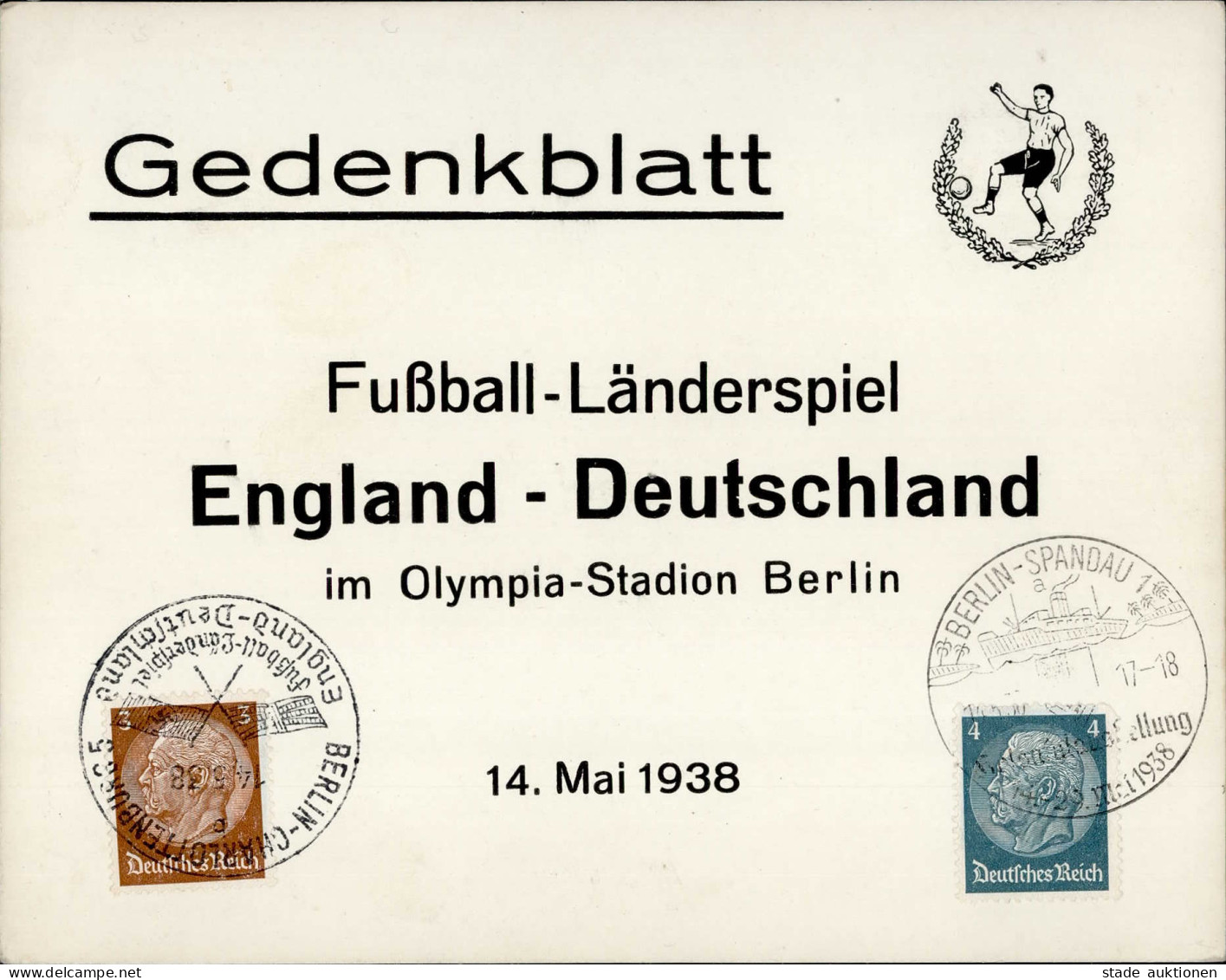 Fussball Gedenkbaltt Länderspiel England - Deutschland 14. Mai 1938 Berlin (1000) I-II (keine AK-Eintelung) - Fútbol