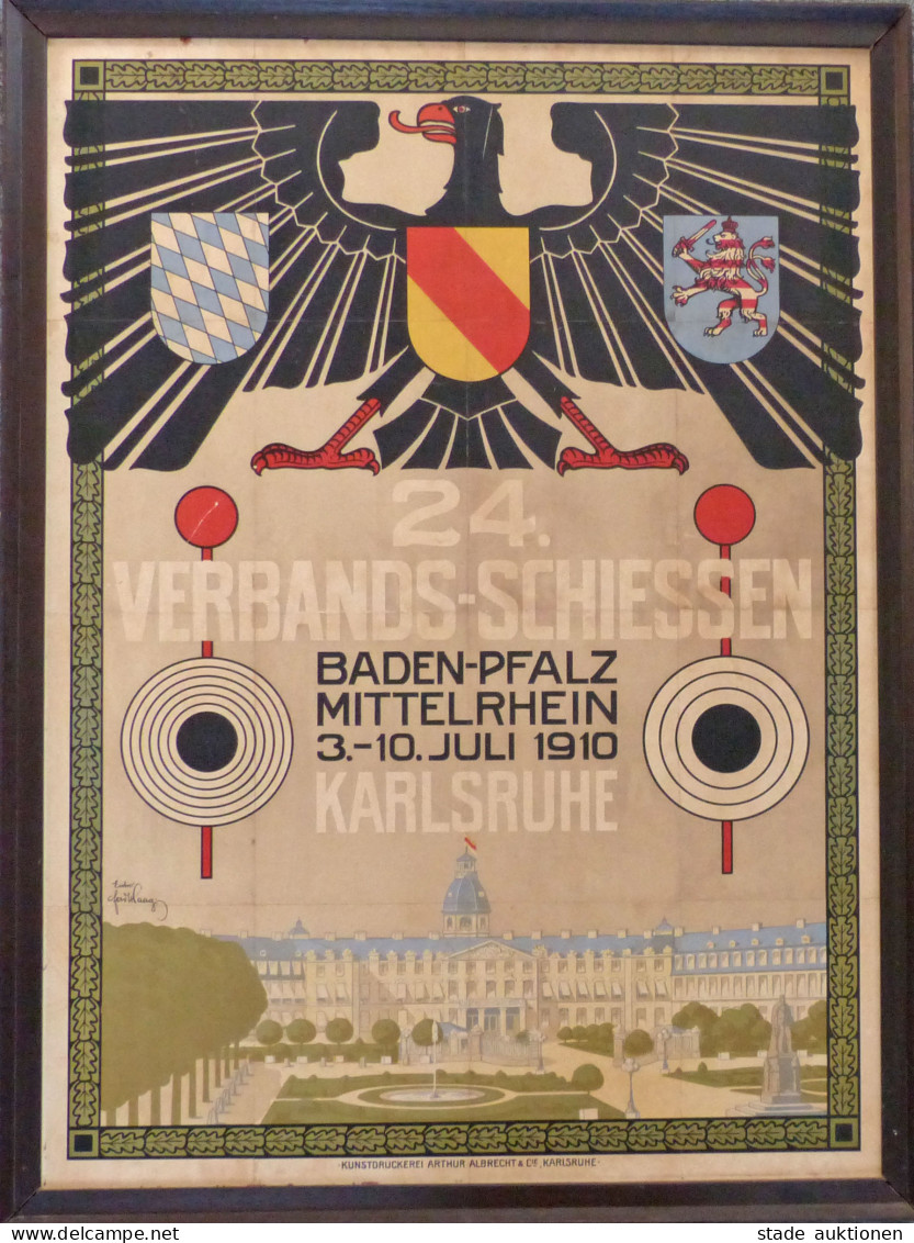 Schützen Plakat 24. Verbands-Schiessen Baden-Pfalz Mittelrhein 3.-10. Juli 1910 Karlsruhe, Formst Mit Rahmen 89 X 66,5 C - Tiro (armas)