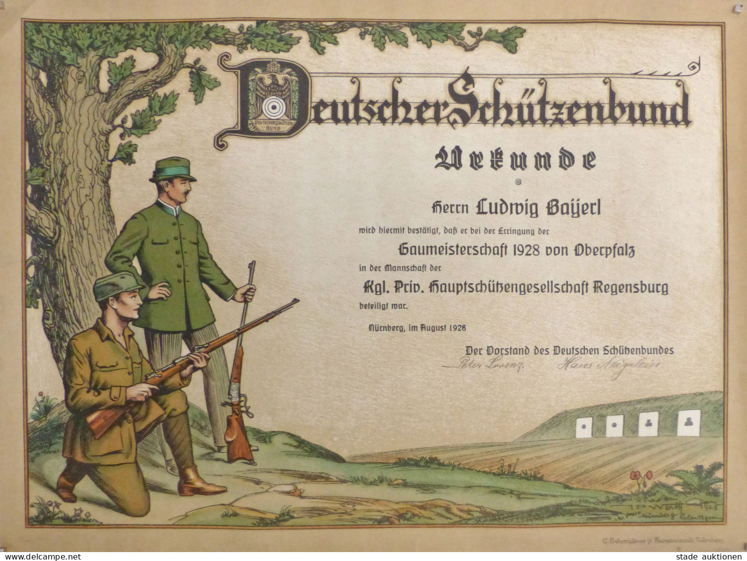Schützen Urkunde Vom Deutschen Schützenbund An Bayerl, Ludwig Regensburg Als Teil Der Mannschaft Der Kgl. Priv. Hauptsch - Tiro (armi)