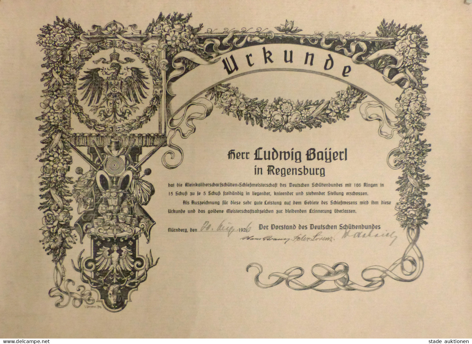 Schützen Urkunde Vom Deutschen Schützenbund Aus Nürnberg 1926 An Bayerl, Ludwig Regensburg 43,5 X 32 Cm I-II - Shooting (Weapons)