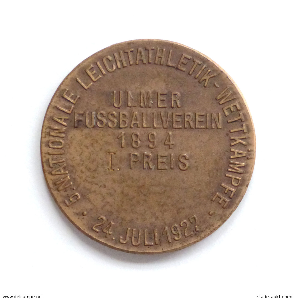 Turnfest Ulm Medaille Ulmer Fussballverein 1894 I. Preis 5. Nationale Leichtathletik-Wettkämpfe 1927 Durchmesser 33mm - Sonstige & Ohne Zuordnung