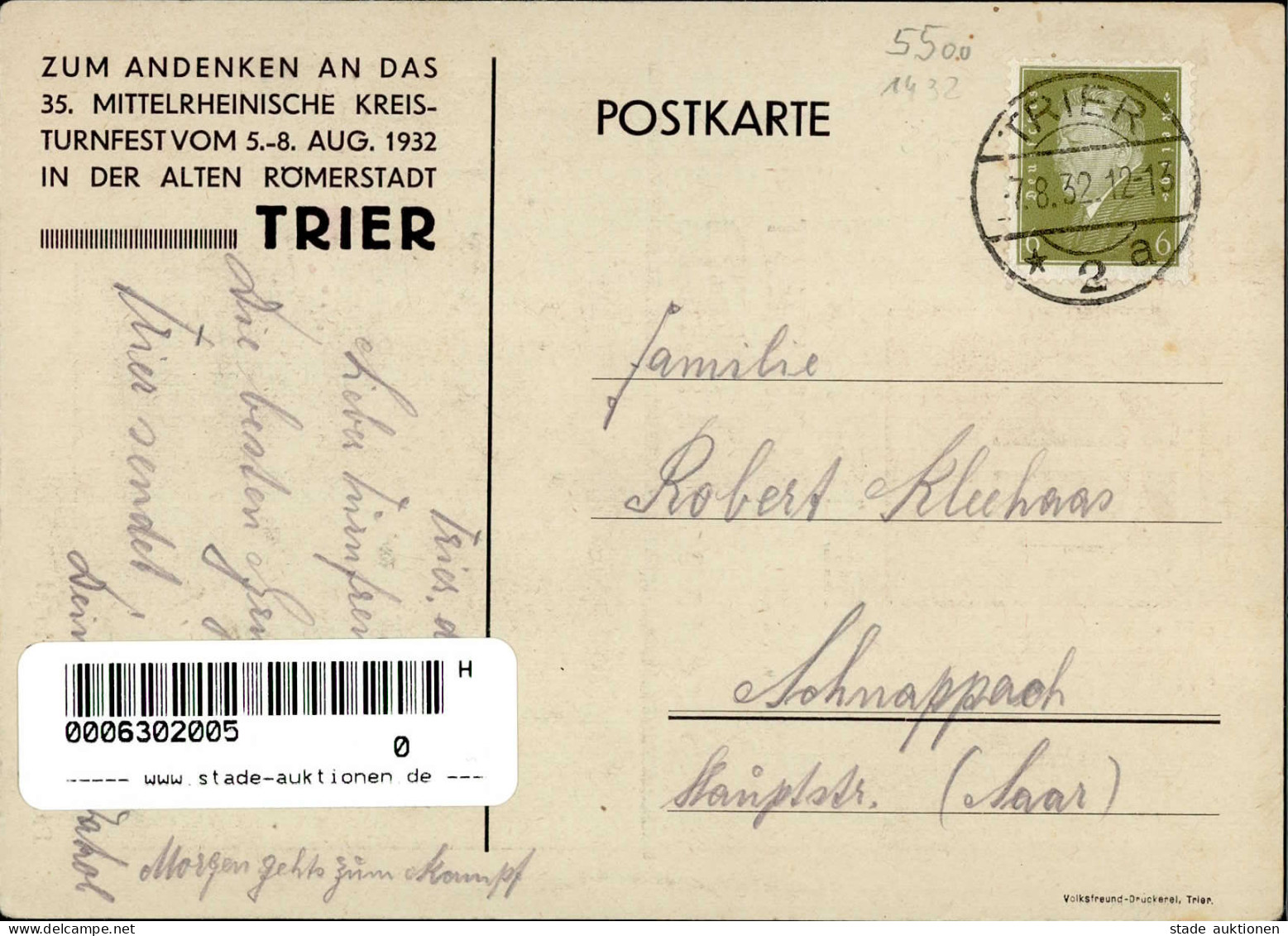 Turnfest Trier 35. Mittelrheinisches Turnfest 1932 I-II (fleckig) - Altri & Non Classificati