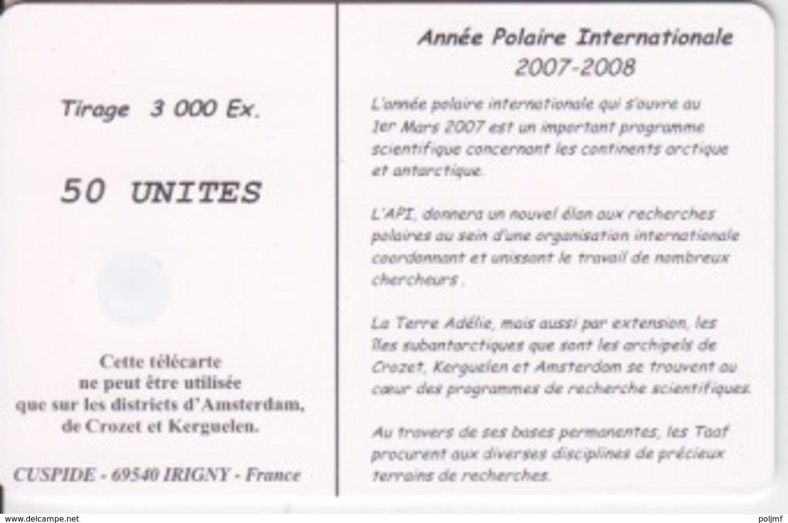 Télécarte 50U, Tirage 3000, Année Polaire Internationale 2007-2008 (Iceberg) - TAAF - French Southern And Antarctic Lands