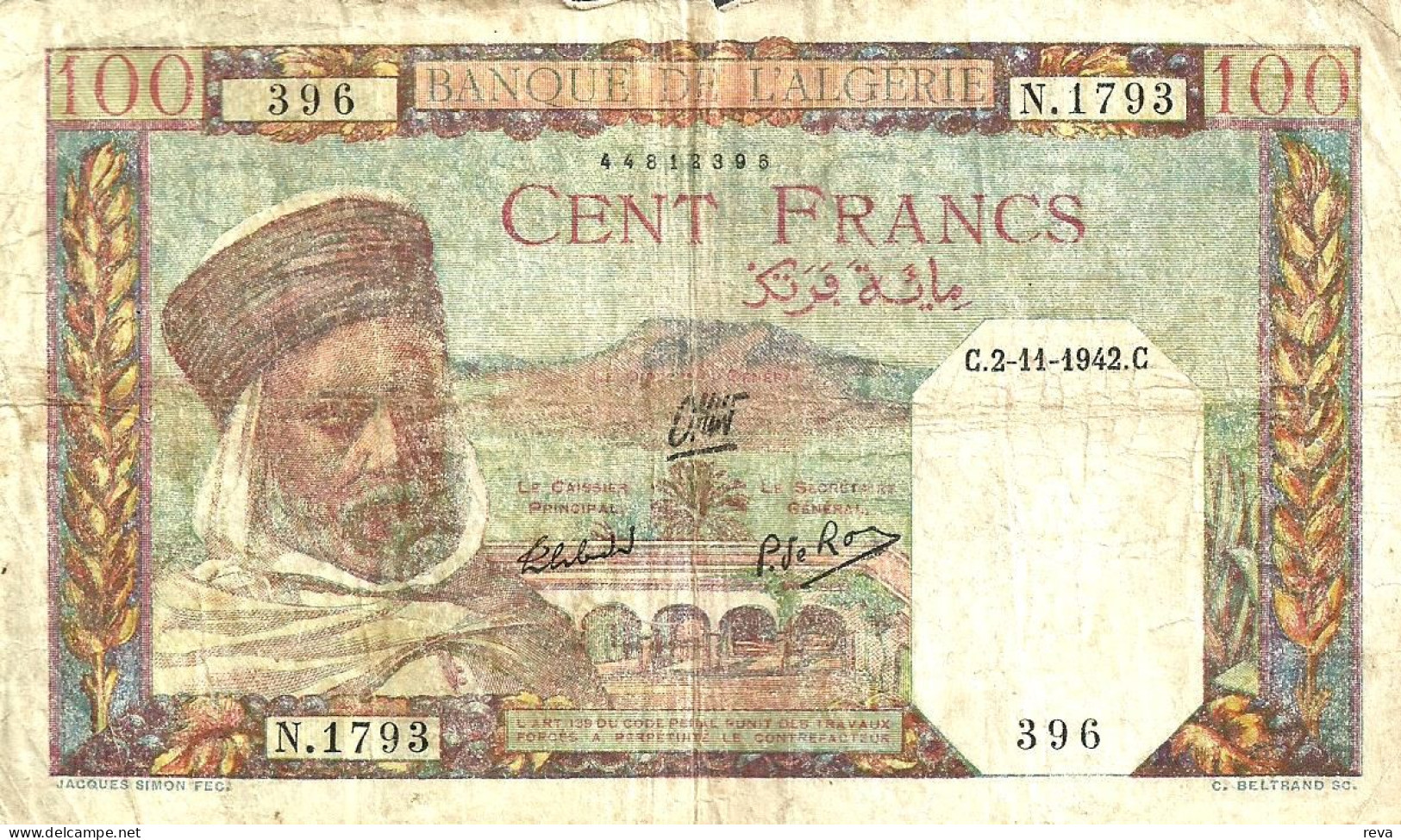 ALGERIA FRANCAISE 100 FRANCS MAN HEAD FRONT ANIMAL BACK DATED 02-11-1942 P?  F READ DESCRIPTION - Algeria