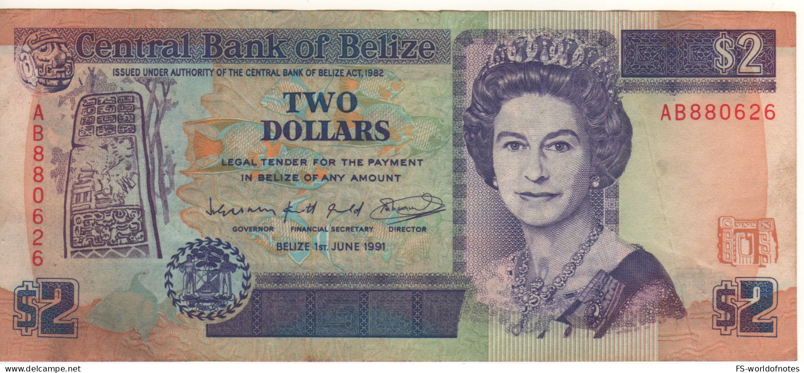 BELIZE  2 Dollars     P52b   ( Queen Elizabeth - Maya Ruins Of Belize ) Dated 1st.  JUNE  1991 - Belize