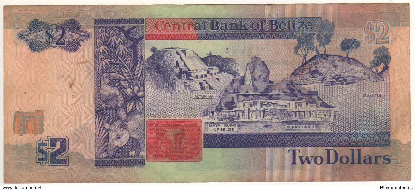 BELIZE  2 Dollars     P52b   ( Queen Elizabeth - Maya Ruins Of Belize ) Dated 1st.  JUNE  1991 - Belize