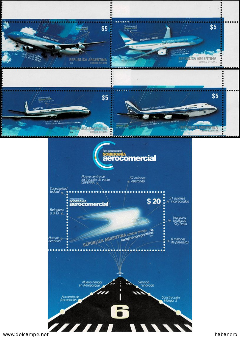 ARGENTINA 2014 Mi 3572-3275 + BL 142 AEROLINEAS ARGENTINAS MINT SET + MINIATURE SHEET ** - Unused Stamps