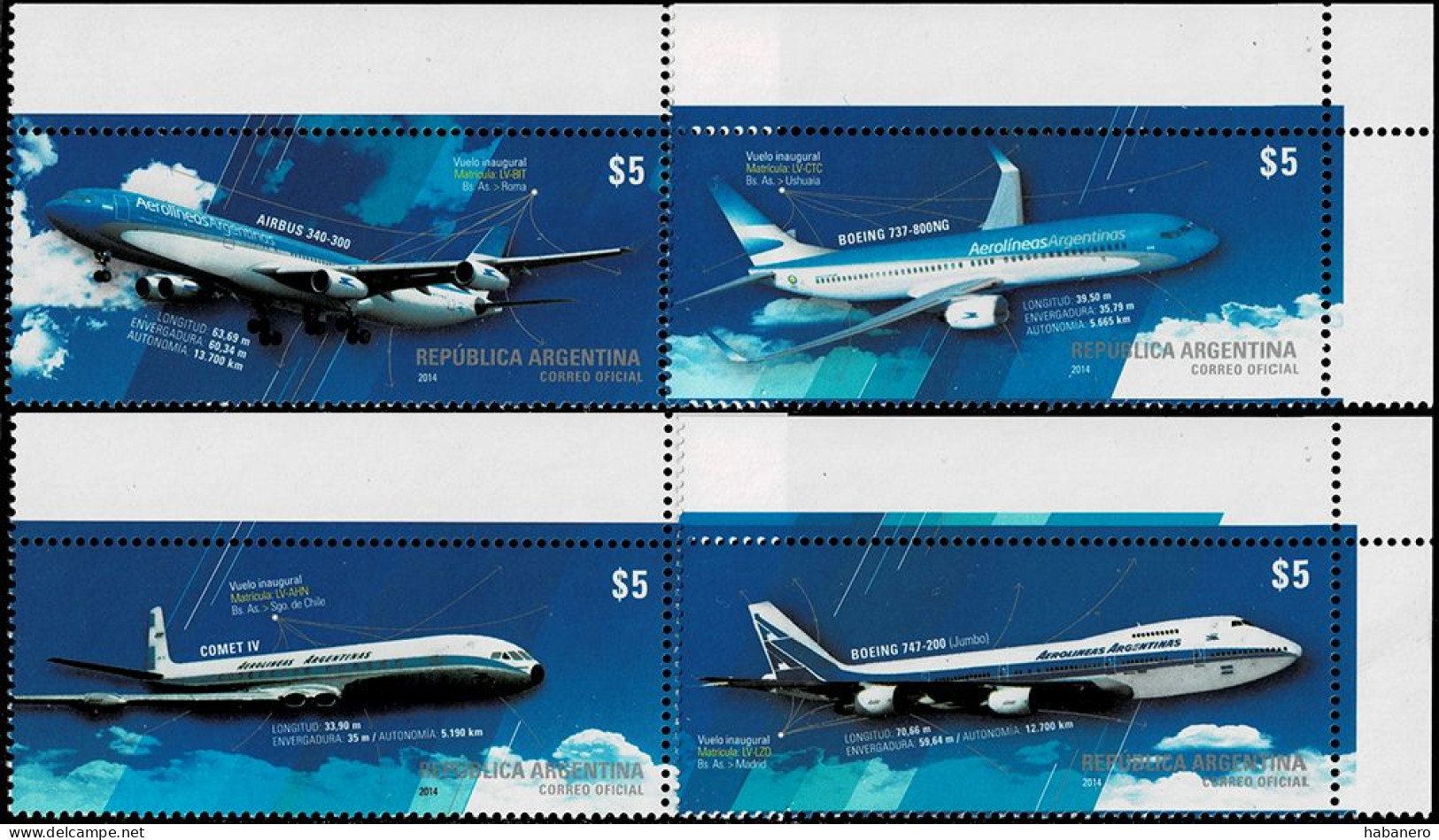 ARGENTINA 2014 Mi 3572-3275 + BL 142 AEROLINEAS ARGENTINAS MINT SET + MINIATURE SHEET ** - Ungebraucht