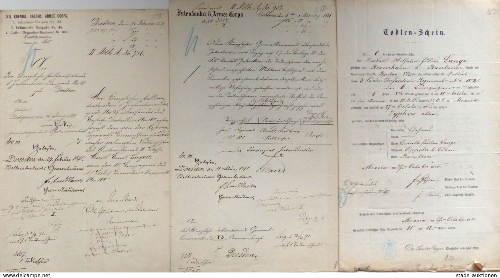 Militär Deutsch-Französischer Krieg 1870/71 Lot Mit 90 Dokumenten, Briefen, Totenscheinen Usw. Des Königlich Sächsischen - 100 - 499 Postales