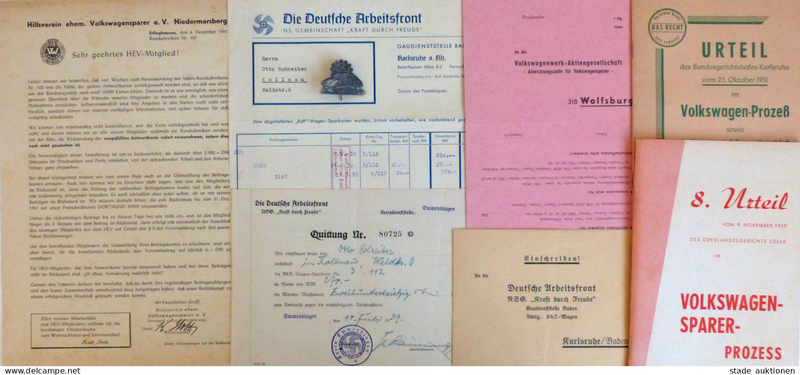WK II KdF Interessanten Lot Zum Thema KdF-Wagen Mit Ca. 30 Dokumenten Aus Der Zeit Vom 1939 Bis 1962. Dabei Sparkarten-Q - 100 - 499 Postales