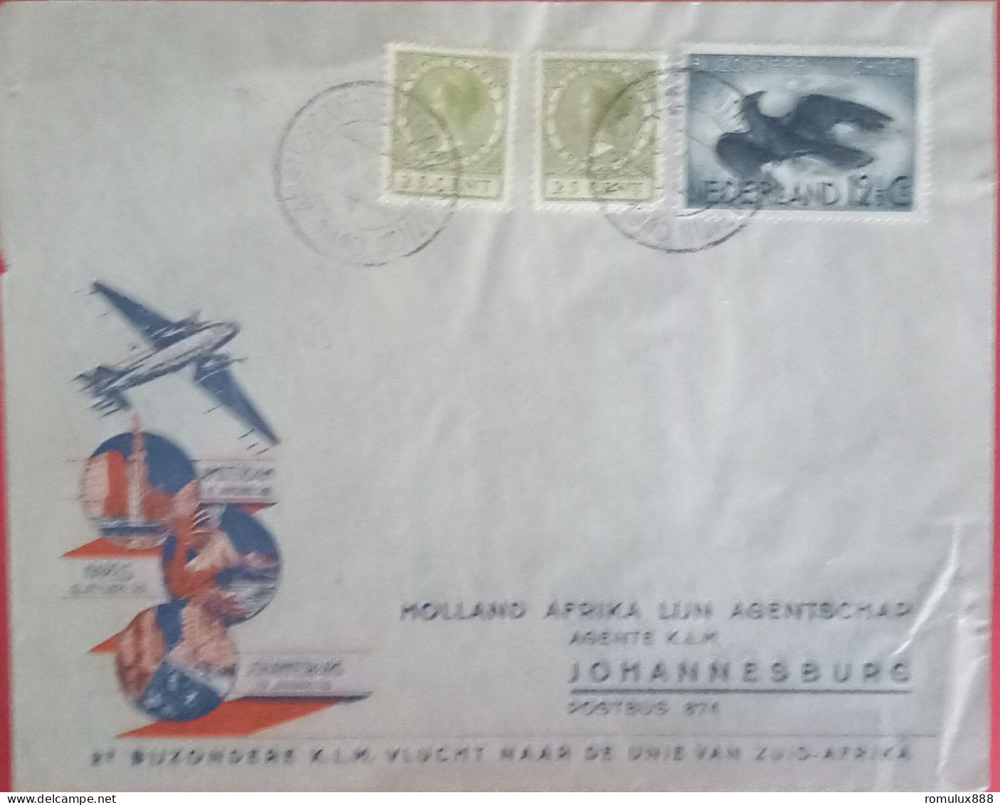 FIRST FLIGHT KLM  AMSTERDAM -JOHANNESBURG 1940 - Poste Aérienne