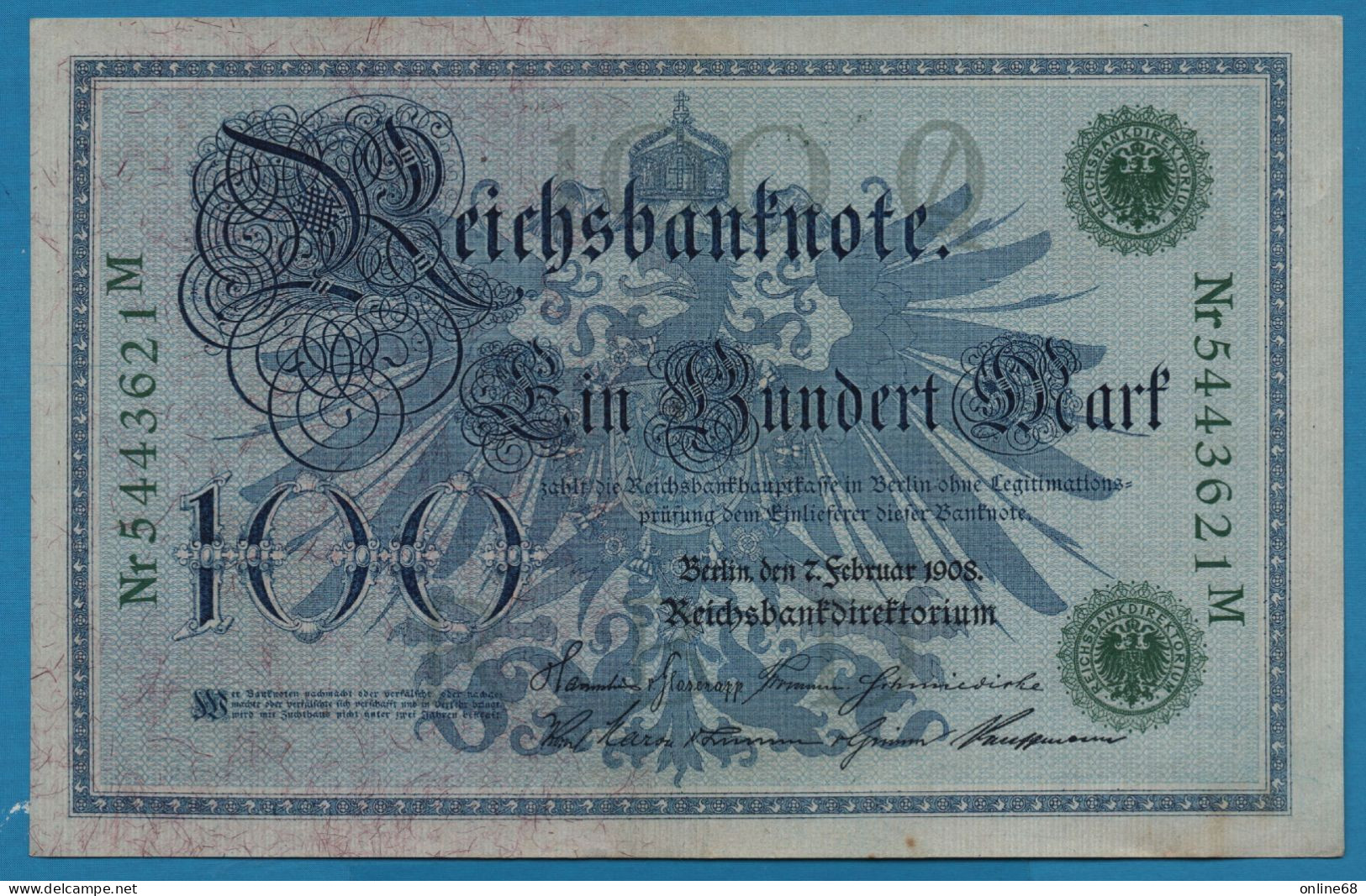 DEUTSCHES REICH 100 MARK 7.02.1908 # 5443621M P#34 100Q - 100 Mark