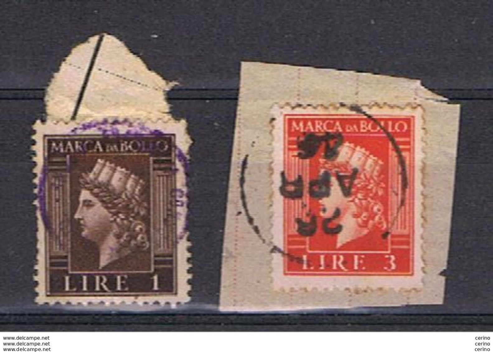 R.S.I.:  1944  MARCHE  DA  BOLLO  TURRITA  -  £. 1 + £.3  SU  FRAMMENTO - Revenue Stamps