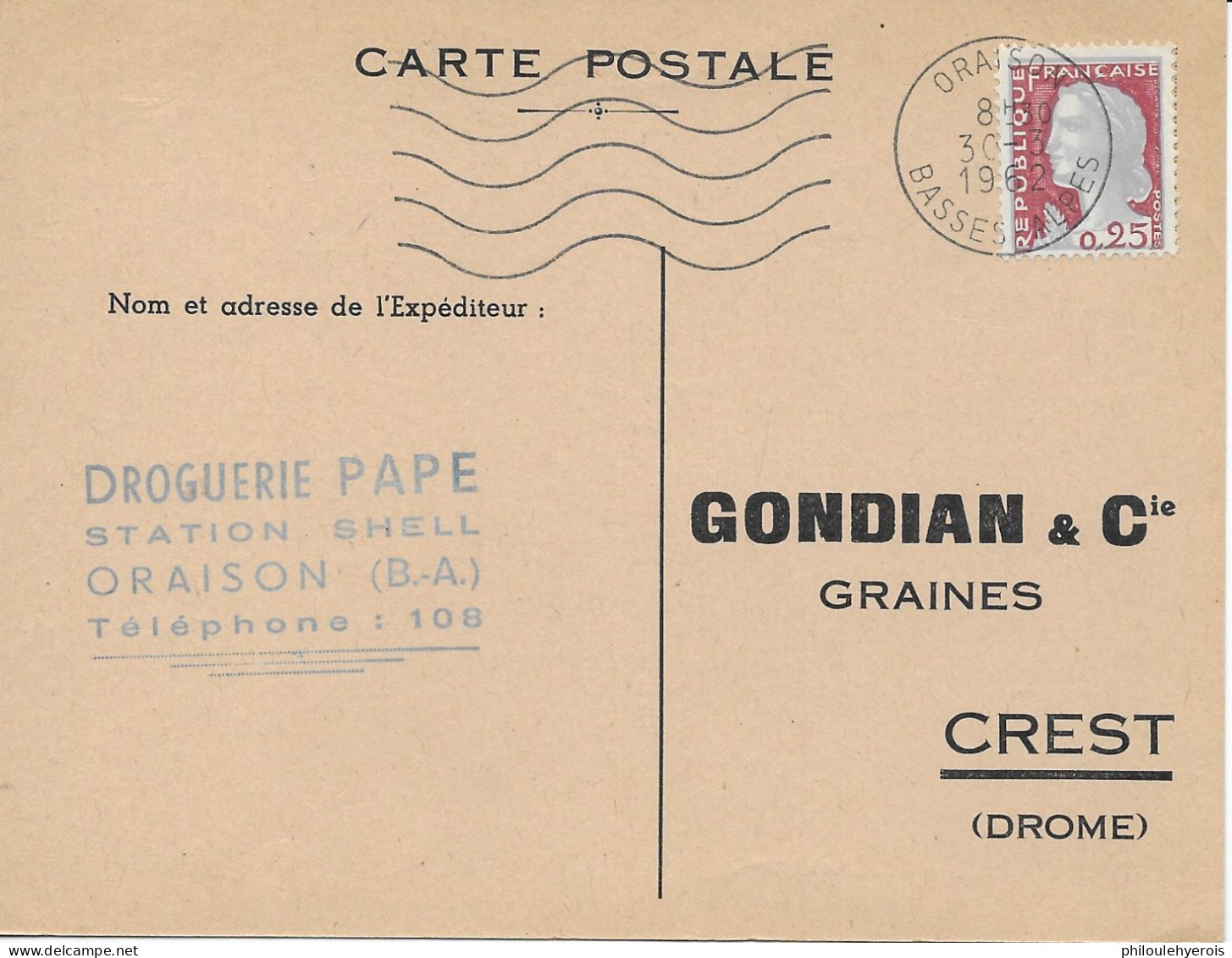 ORAISON (04) C.P. Droguerie PAPE Station SHELL 1962 Pour CREST (26) Graines Gondian - Auto's