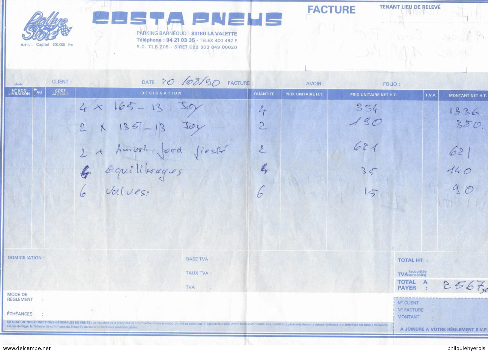 LA VALETTE 83 Costa Pneus Facture 1990 PARKING BARNEOUD - Auto's