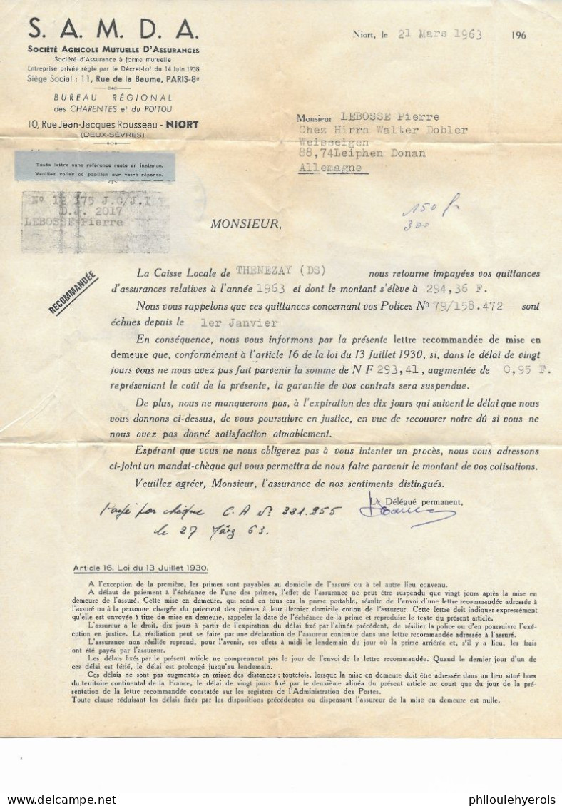 NIORT Lettre Facture S.A.M.D.A. Assurance Vers L'Allemagne 1963 - Banca & Assicurazione