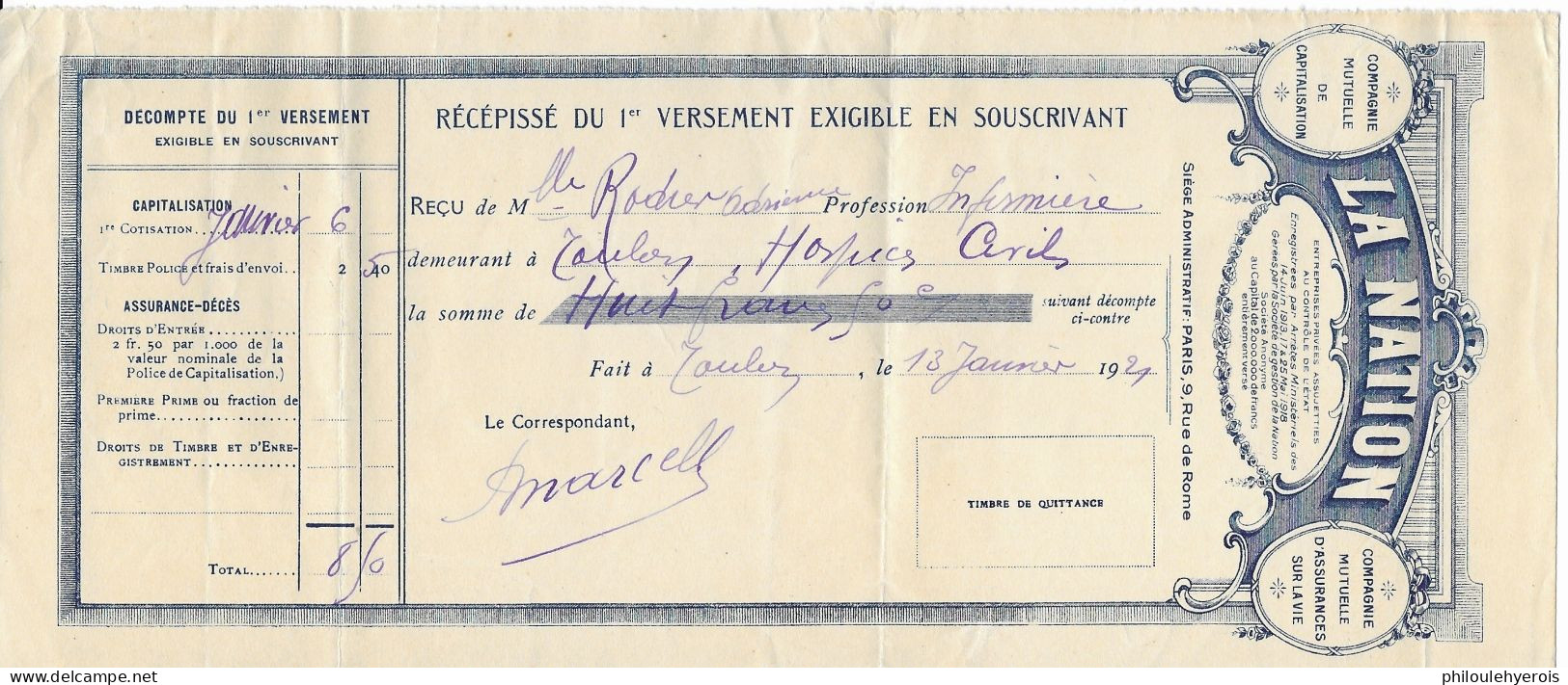 LA NATION Capitalisation . Vie  Récépissé Pour Toulon Hospice Civil 1921 - Bank & Versicherung
