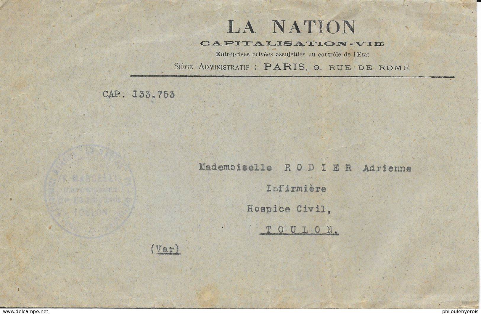 LA NATION Capitalisation . Vie  Récépissé Pour Toulon Hospice Civil 1921 - Banca & Assicurazione