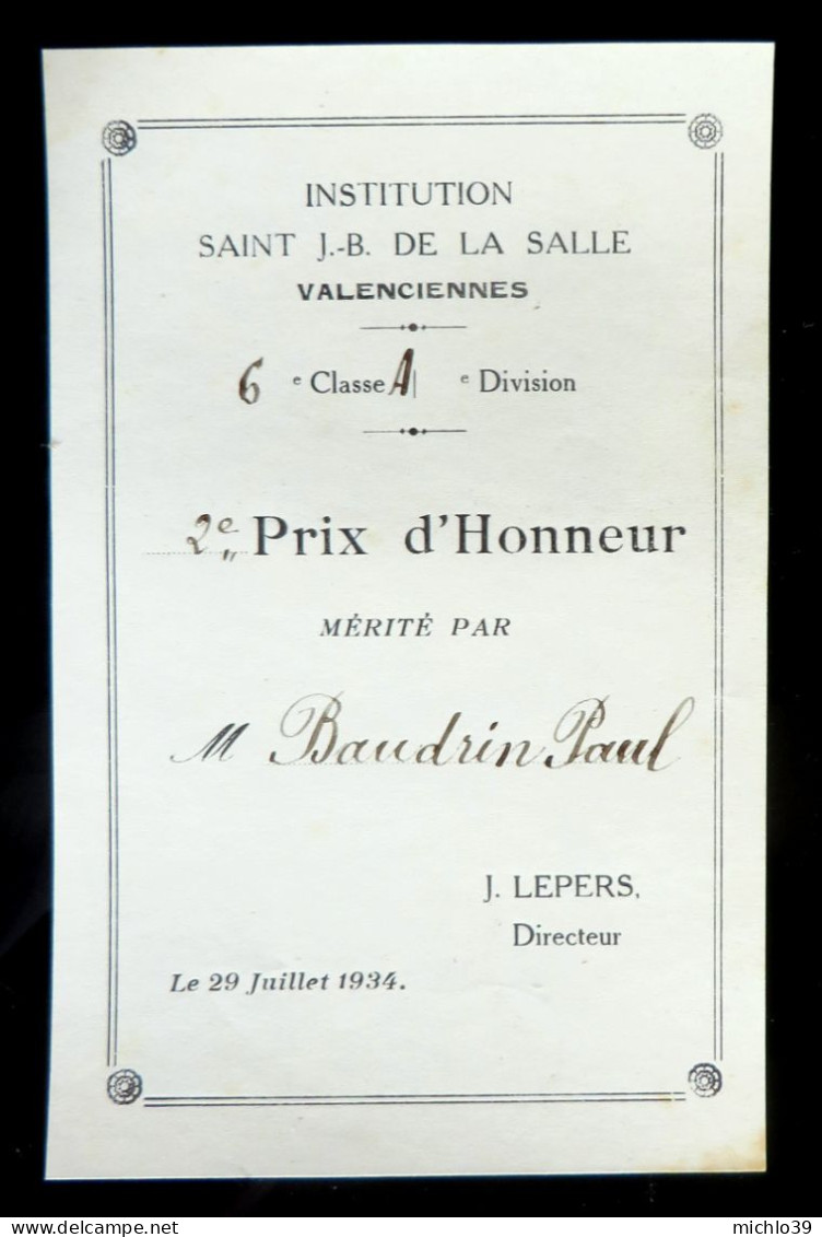 Institution St JB De La Salle à VALENCIENNES 29 Juillet 1934 2è Prix D'Honneur Mérité Par Paul Baudrin - Diplômes & Bulletins Scolaires