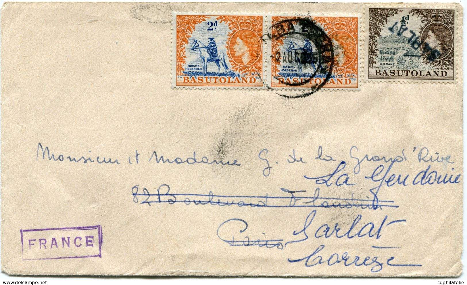 BASUTOLAND LETTRE DEPART THARA TSEKA 2 AUG 55 POUR PARIS PUIS POUR SARLAT ( CACHET D'ARRIVEE SARLAT SUR UN DES TIMBRES ) - 1933-1964 Crown Colony