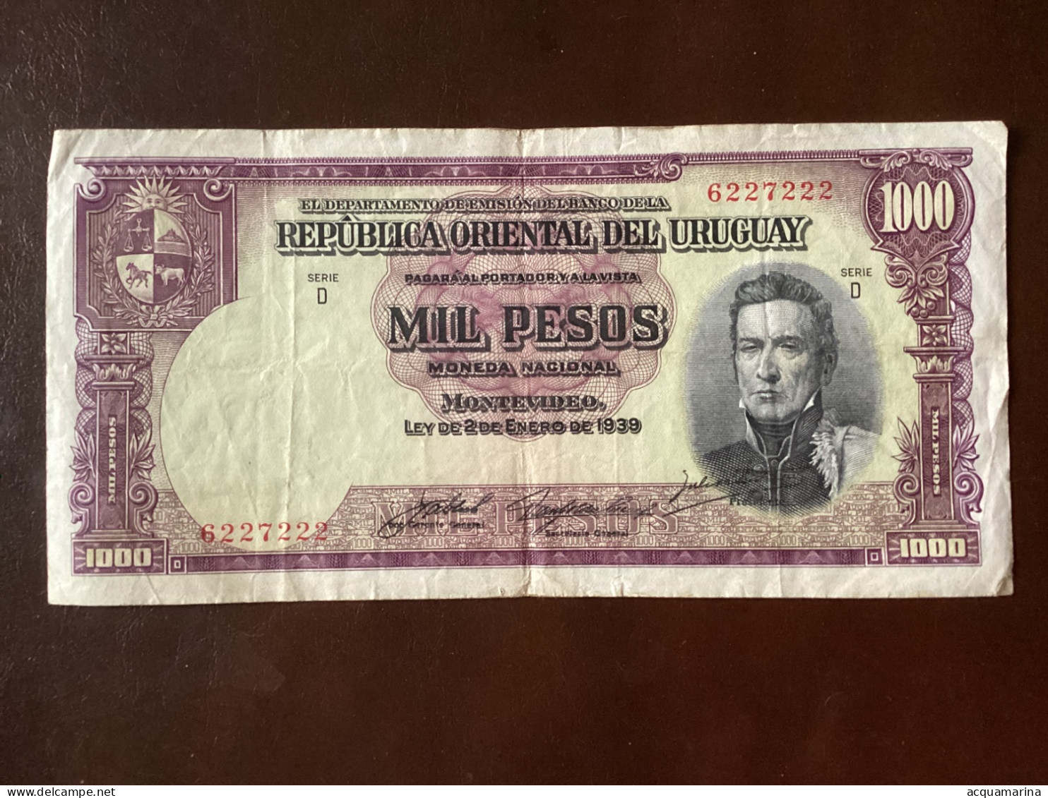 URUGUAY 1000 PESOS 1939 CIRCULATED - Uruguay