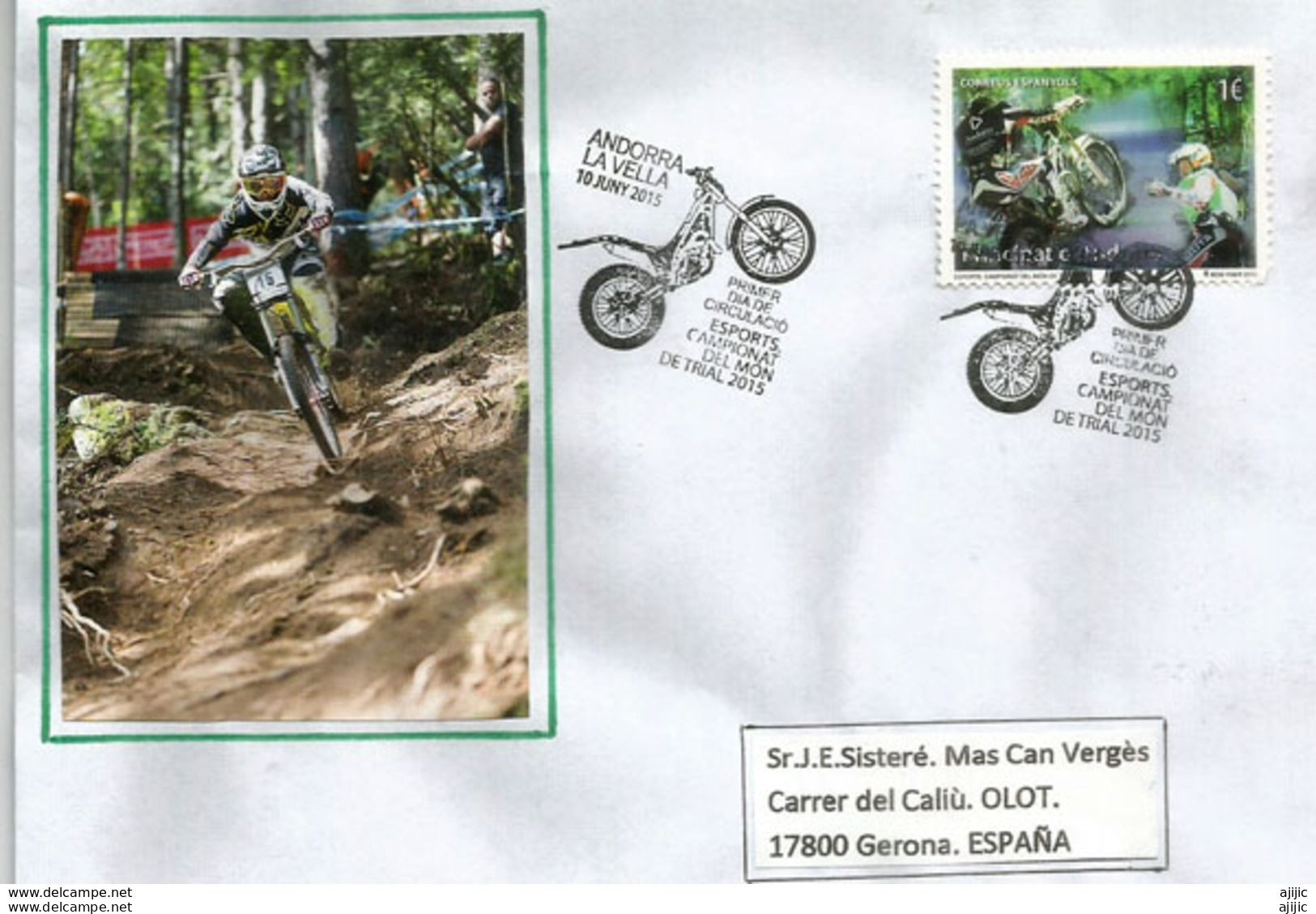 ANDORRA.CHAMPIONNAT DU MONDE DE VTT ET TRIAL 2015, 1 Er Jour Circulation , Sur Lettre Adressée En Espagne - Covers & Documents