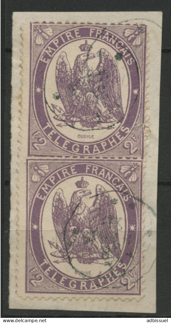 TELEGRAPHE N° 8 PAIRE 2 Fr Violet Obl. C. à D. Ondulé AIX Sur 1 Petit Fragment (timbre Du Haut Avec Défaut Déchirure) - Telegraph And Telephone