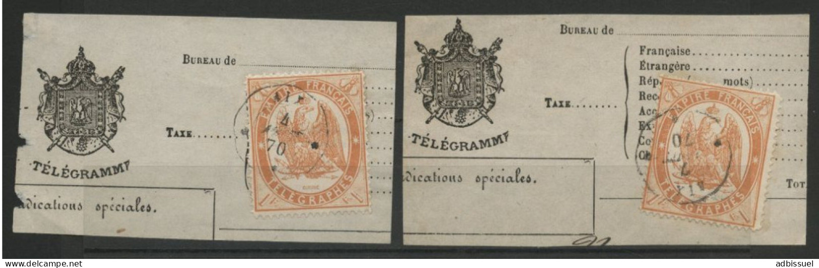 TELEGRAPHE N° 7 (x2) 1Fr Orange Obl. C. à D. AIX 4/8/70 Et 7/8/70 Sur 2 Fragments De Télégramme - Telegramas Y Teléfonos