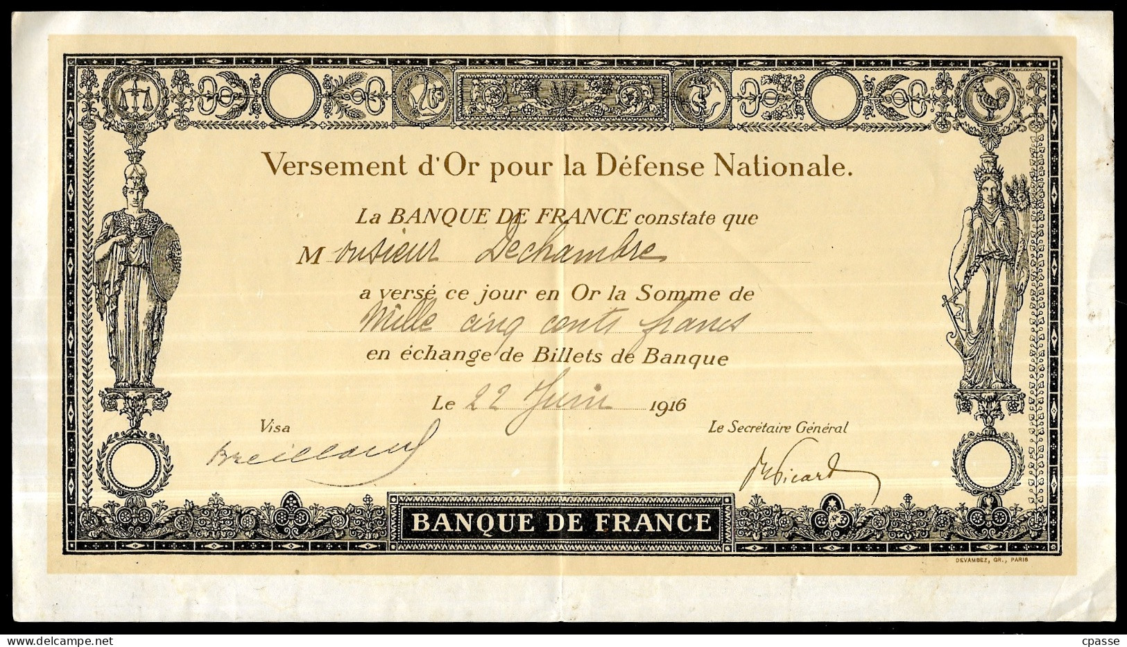 1916 BANQUE De FRANCE - Versement D'Or Pour La Défense Nationale ** Billet Militaria Patriotique - Non Classés