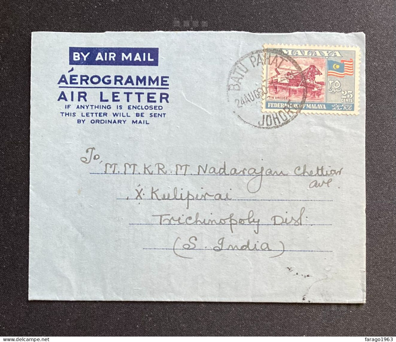 1960 Malaya Aerogramme Commercially Used BATU PAHAT To India - Federation Of Malaya