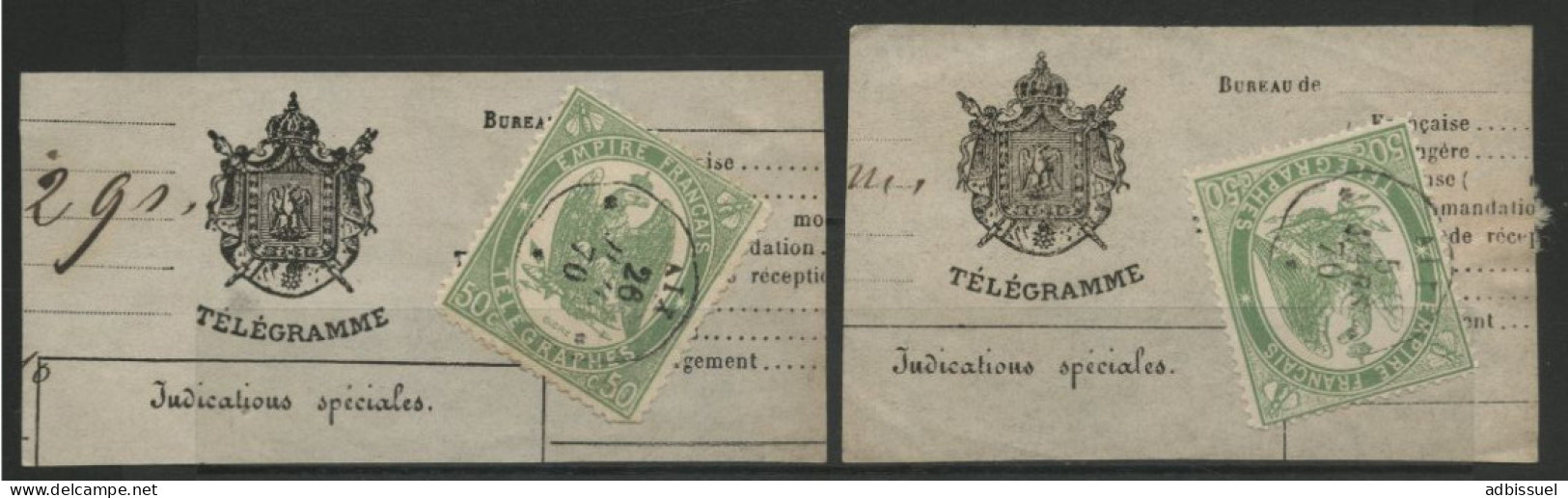 TELEGRAPHE N° 6 (x2) 50 Ct Vert Obl. C. à D. AIX 26/7/70 Et 5/3/70 Sur 2 Fragments De Télégramme - Télégraphes Et Téléphones