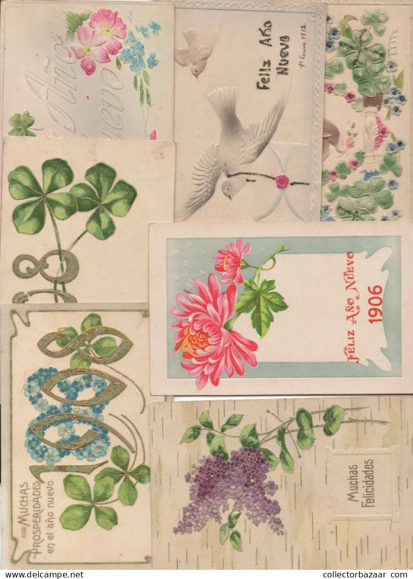 Lot Of 7 Postcards Embossed New Year 1908 Etc Greetings Ca 1900 Flowers Clovers - Souvenir De...