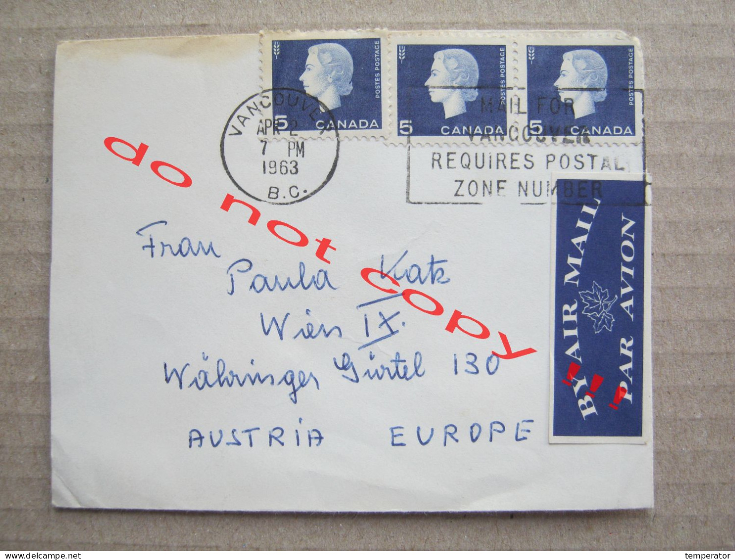 Canada / By Air Mail, Par Avion VANCOUVER B.C. ( 1963 ) Cover To Wien, Austria - Luftpost