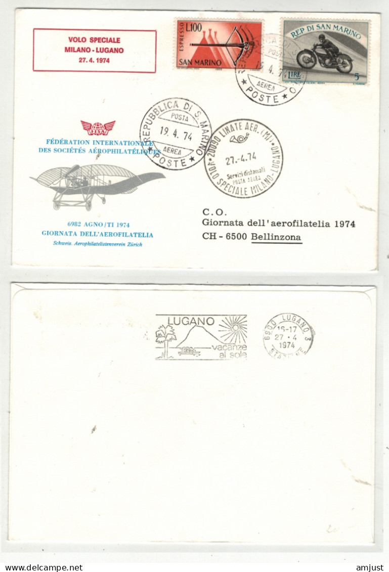 San Marino //  Poste Aérienne  // Vol Spécial Milano-Lugano 27.04.1974 - Luftpost