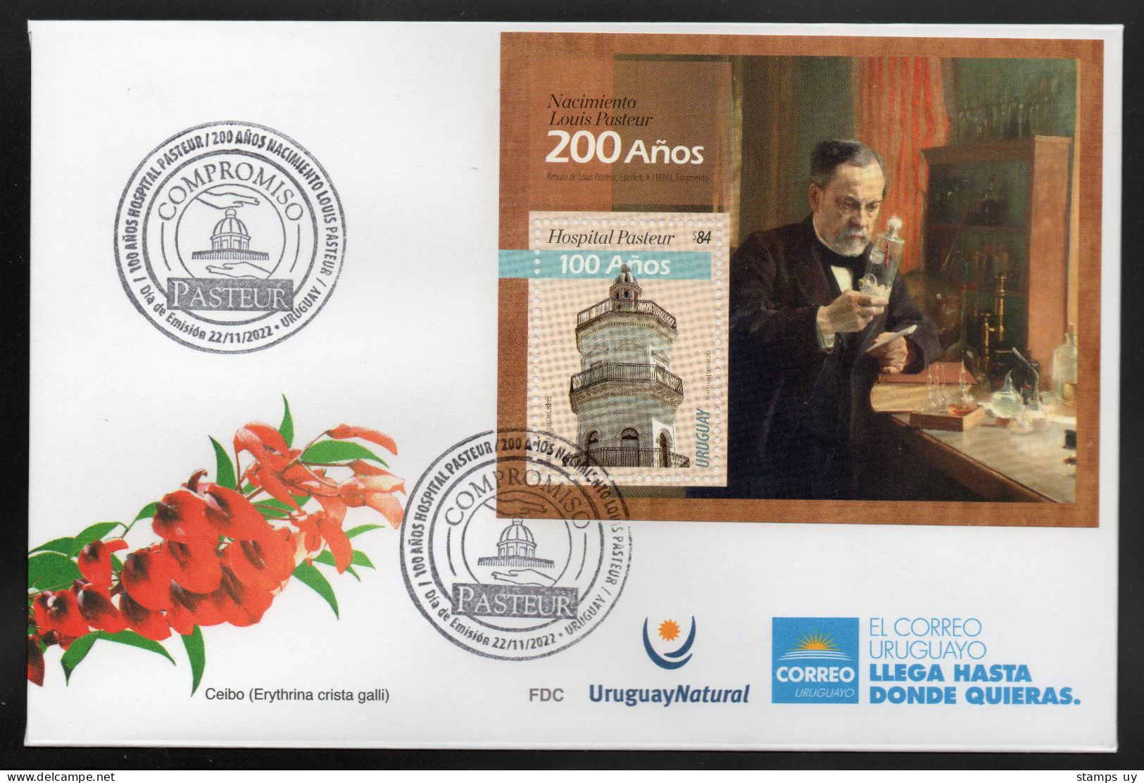 URUGUAY 2022 (Louis Pasteur, Chemist, Microbiologist, Medicine, Vaccination, Pasteurization, Hospital, Towers) - 1 FDC - Louis Pasteur