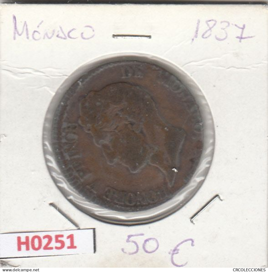 H0251 MONEDA MONACO 5 CENTIMOS 1837 BC - 1819-1922 Onorato V, Carlo III, Alberto I