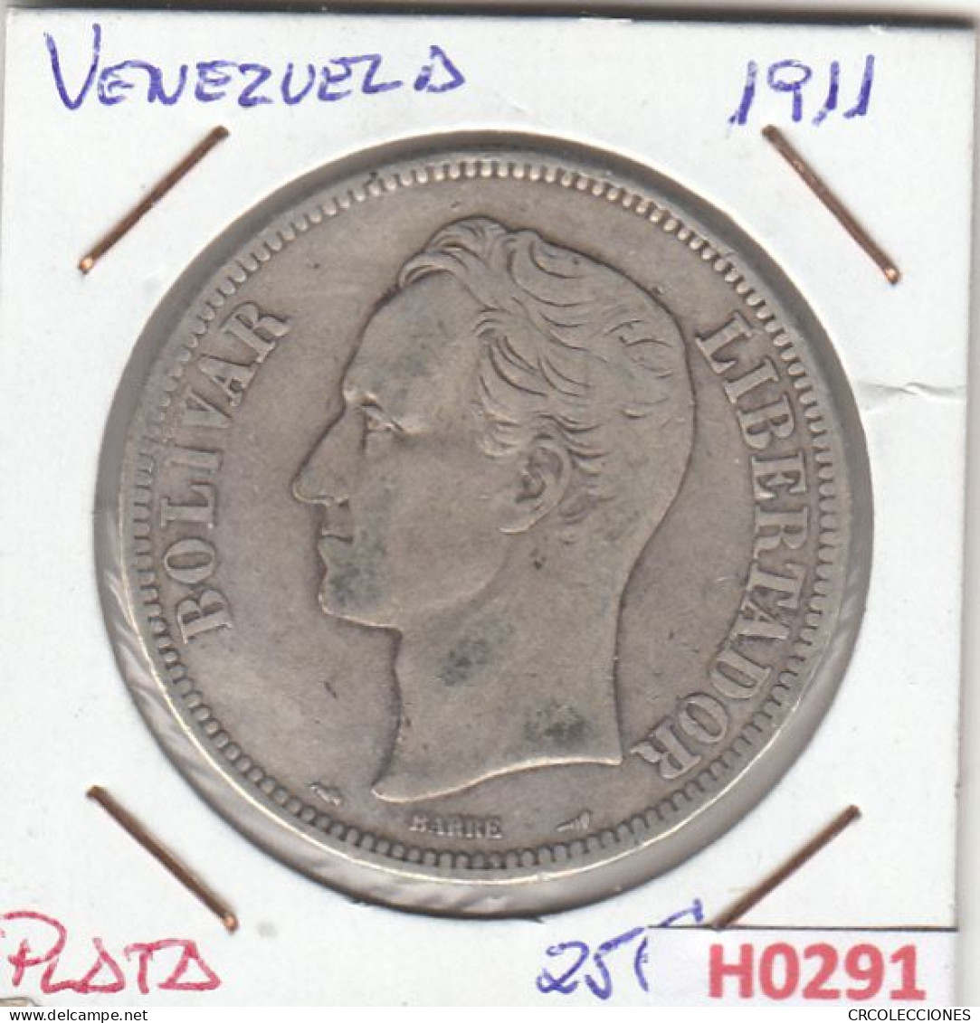 H0291 MONEDA VENEZUELA 1 BOLIVAR 1911 PLATA BC - Venezuela