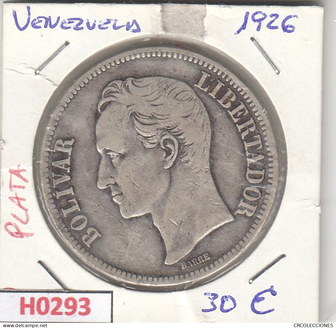 H0293 MONEDA VENEZUELA 1 BOLIVAR 1926 PLATA MBC - Venezuela