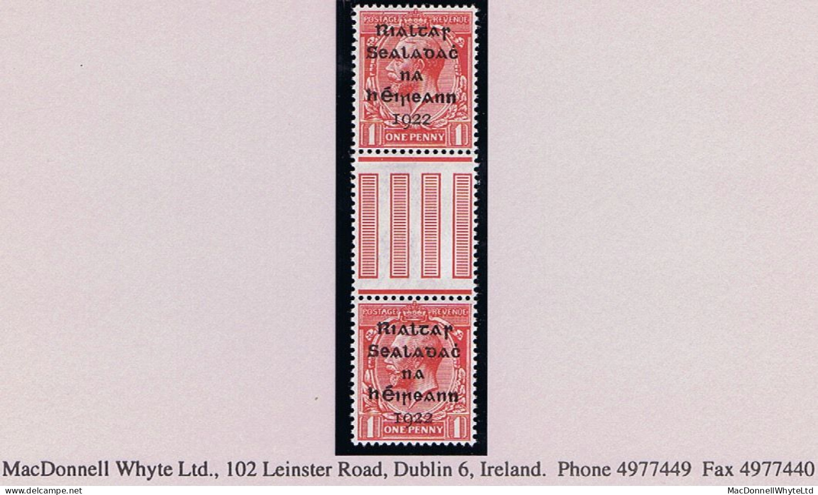 Ireland 1922 Dollard Rialtas 5-line Overprint In Black On 1d Red, Gutter Pair Mint Unmounted, Folded - Ungebraucht