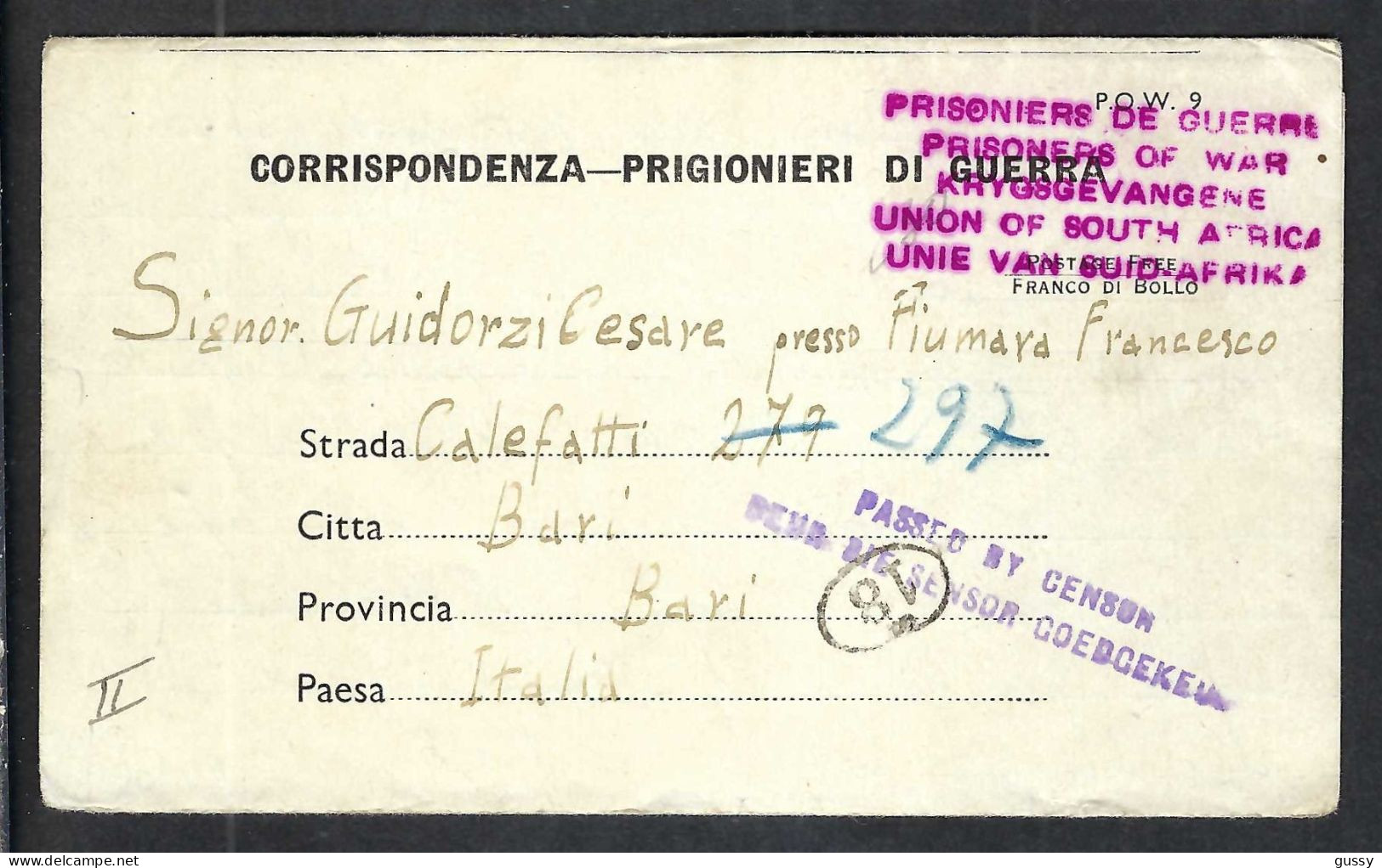 AFRIQUE DU SUD 1943: LAC D'un Prisonnier De Guerre Italien Pour Bari (Italie), Correspondance Intéressante. - Nuova Repubblica (1886-1887)
