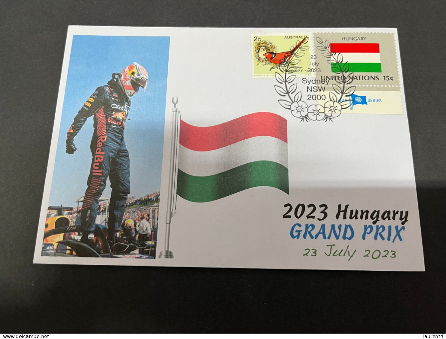 29-8-2023 (3 T 33) Formula One - 2023 Hungary Grand Prix - Winner Max Verstappen (23 July 2023) Hungary Flag Stamp - Altri & Non Classificati