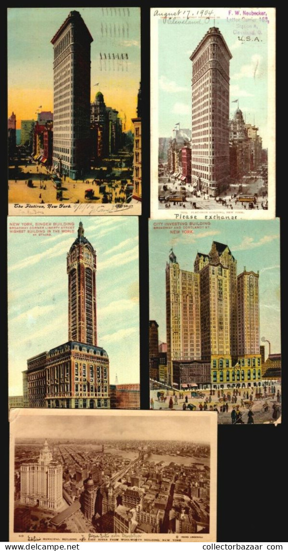 7 Original Period Postcards NY City Architecture Early Skyscrapers Flatiron Etc - Colecciones Y Lotes