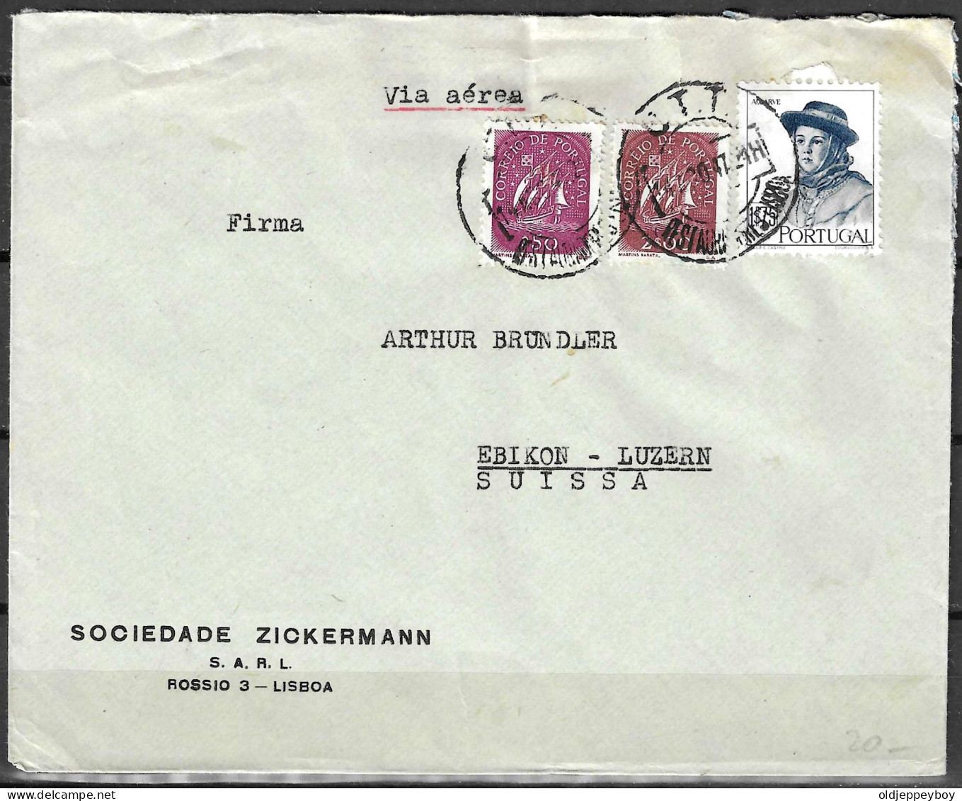 1947 PORTUGAL SOCIEDADE ZICKERMANN FUNDADA 1895 ENVELOPE COVER AIRMAIL TO EBIKON LUZERN SUISSA SUISSE SWITZERLAND  - Lettres & Documents