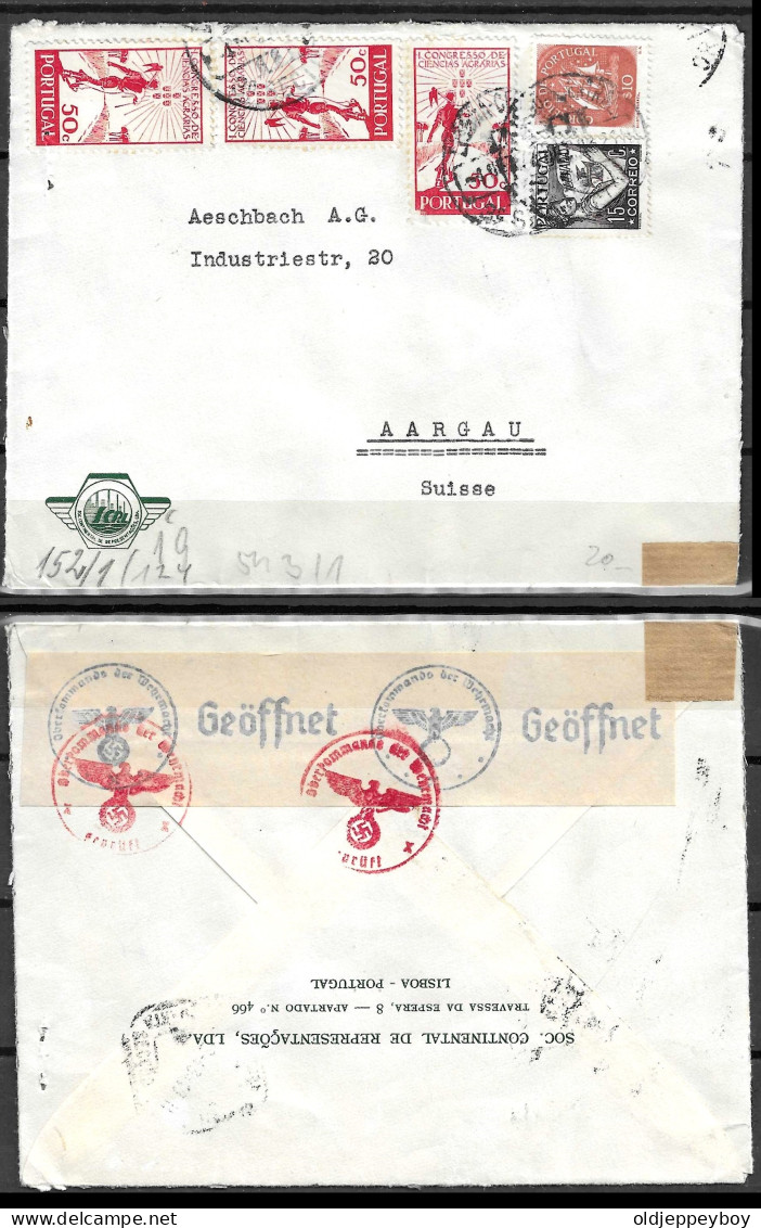 WORLD WAR II 1943 PORTUGAL ENVELOPE COVER AIRMAIL TO AARGAU SUISSA SUISSE SWITZERLAND WITH NAZI CENSORSHIP TAPE SWASTIKA - Covers & Documents