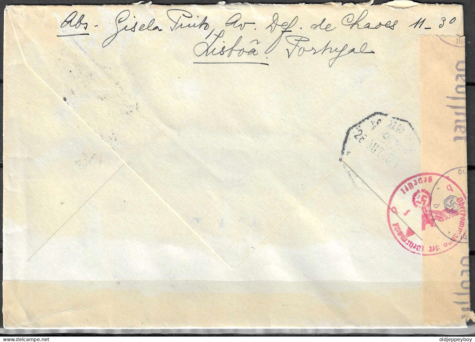 WORLD WAR II 1943 PORTUGAL  ENVELOPE COVER AIRMAIL TO BERN  SUISSA SUISSE SWITZERLAND WITH NAZI CENSORSHIP TAPE SWASTIKA - Covers & Documents