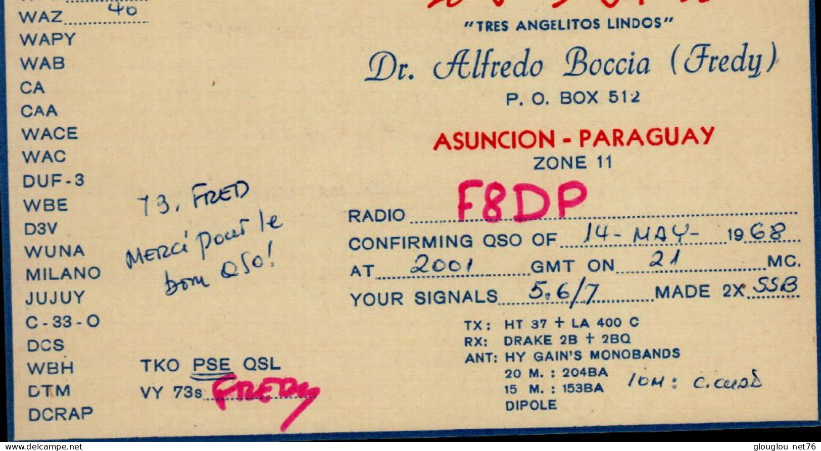 CARTE QSL..  PARAGUAY   F8DP  1968 - Radio