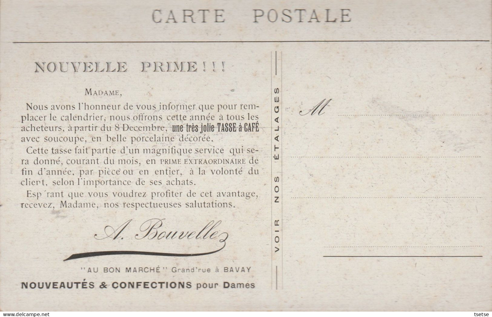 Bavay- Carte Publicitaire " Au Bon Marché ", Confection Pour Dames, Grand'rue (voir Verso ) - Bavay