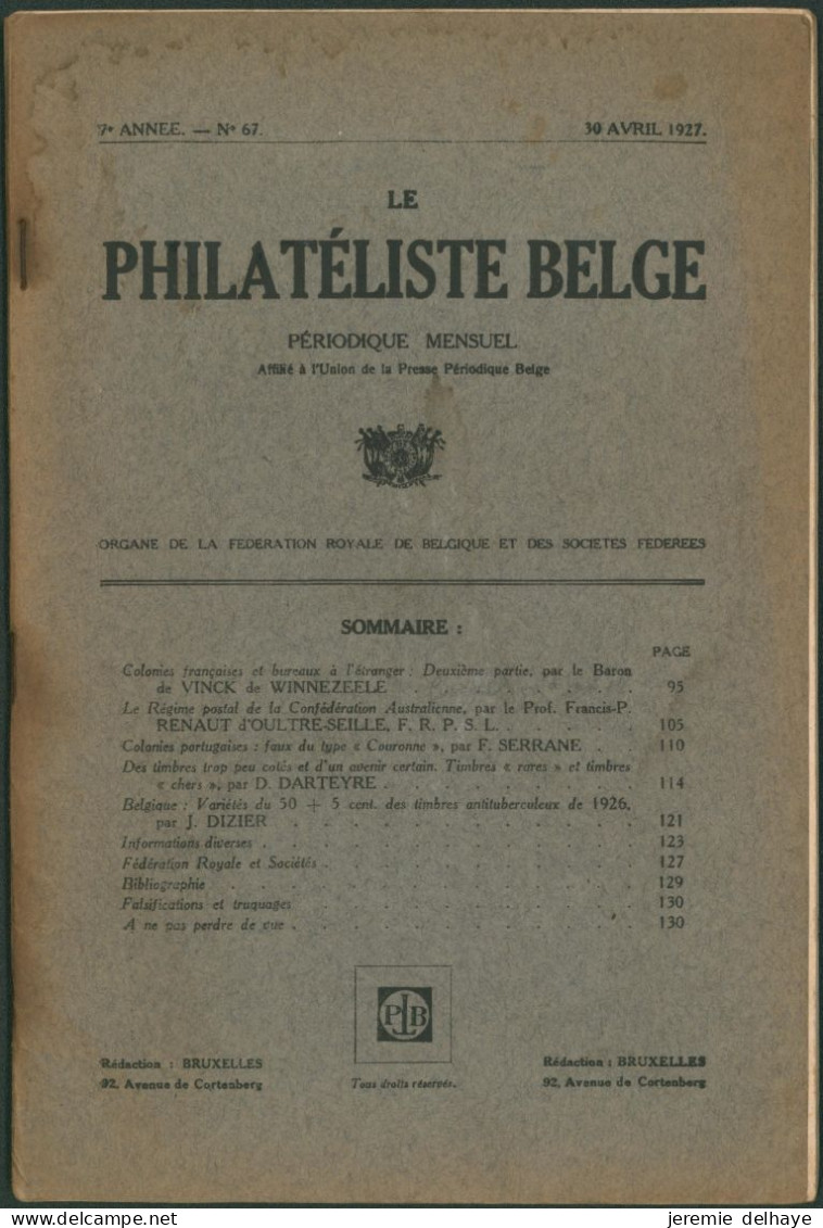 Belgique : Le Philatéliste Belge (Revue Mensuelle, N°67 1927). SOMMAIRE / Théodore Champion, Marchand De Timbres - Philatélie Et Histoire Postale